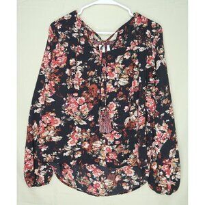 Knox Rose Smocked Top Womens Large Tassel Tie Front Black Floral Long Sleeve EUC